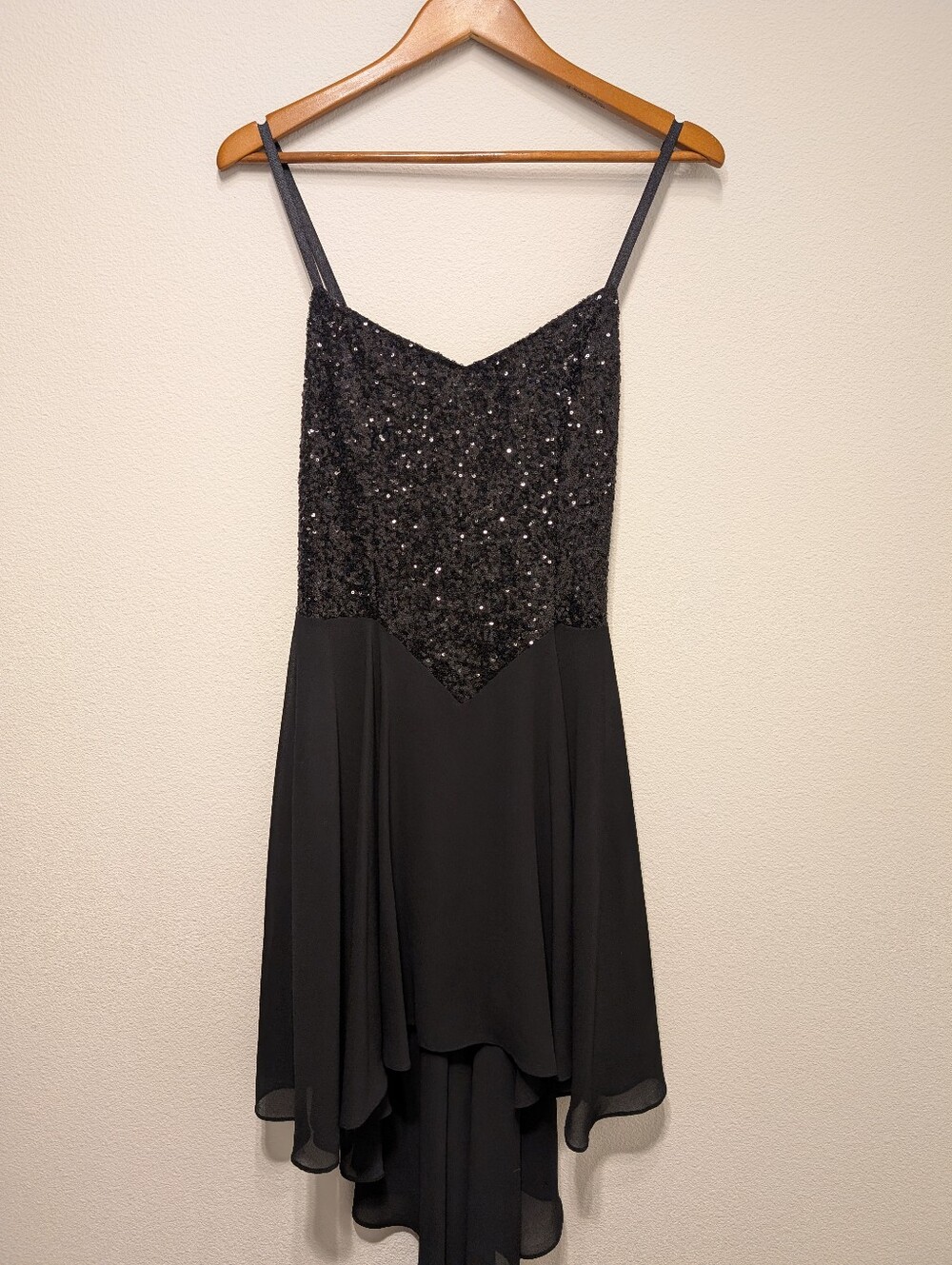 Black Sequin Bodice High-Low Dress with Spaghetti Straps